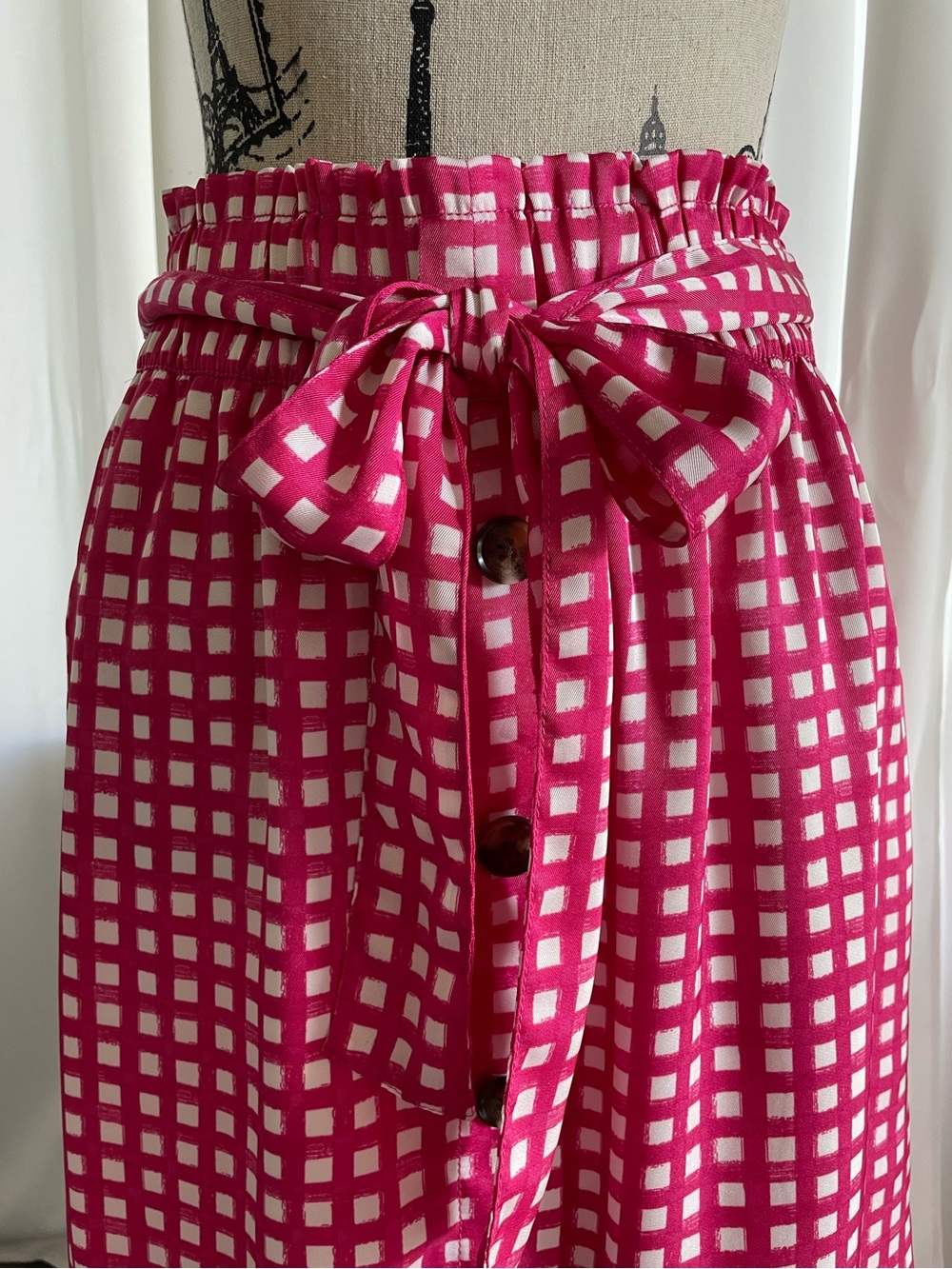 Ann Taylor Pink Check Midi Skirt with Tie Waist - Picture 2 of 4